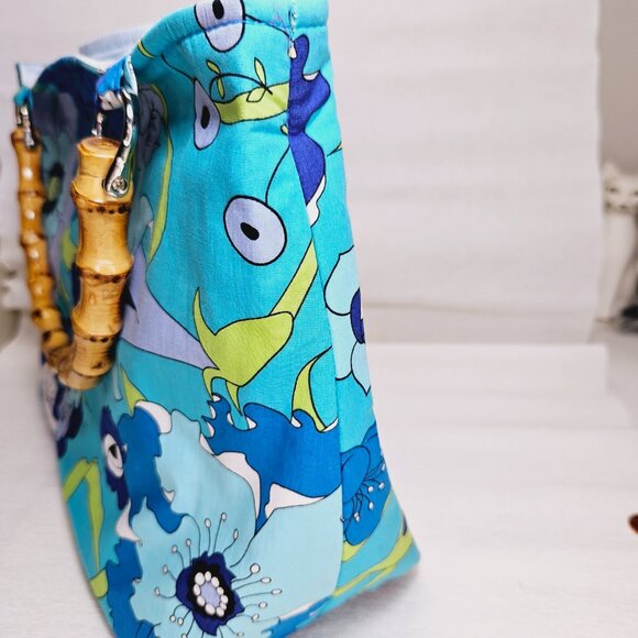 Handbag Blue Tropical Floral Fabric Summer Bamboo Handles Rachel & Co NY - Picture 4 of 9